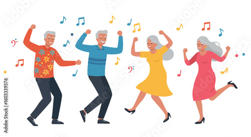 Elderly people dancing joyfully to music with vibrant colors and dance moves