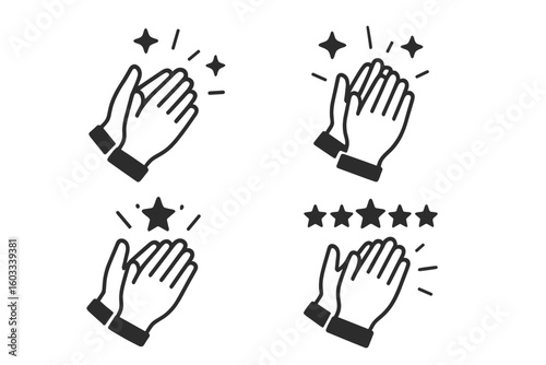 Applause flat icon set. Human clapping hands with stars. Quality rating symbol for voting and feedback. Vector illustration for customer review, success and appreciation.