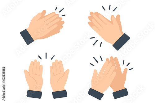 Applause flat icon set. Human clapping hands with clap sound effect. Vector illustration for concepts like appreciation, success, praise, congrats, and support. Ovation gesture symbol.