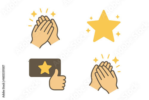 Applause flat icon set. Human clapping hands with stars. Quality rating symbol for voting and positive customer feedback. Vector illustration of appreciation and success.
