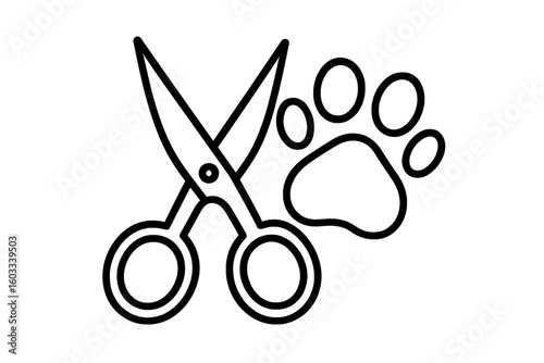 Pet grooming icon with scissors and paw print. Dog and cat beauty salon logo concept. Animal care and hygiene symbol. Veterinary or pet shop sign for web and mobile apps.