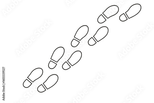 Human footprints trail vector illustration. Shoe prints path in a flat linear design. Steps silhouette for concepts of walking, journey, or direction. Isolated black contour marks.