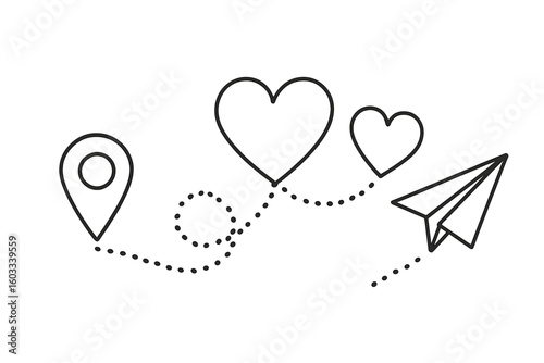 Paper airplane flight path with a heart shaped dotted line. Romantic trip or love journey concept. Geolocation pin icon showing the start of the travel route.