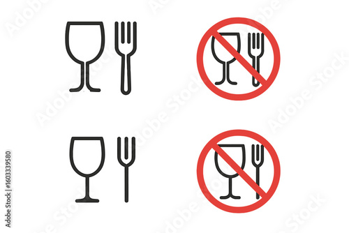 Food safe icons with wine glass and fork symbol. Food grade material vector illustration. Symbol for products safe and non-safe for use with food. Packaging label.