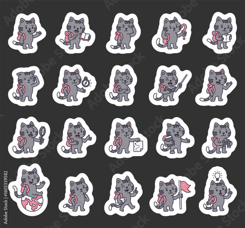 Cat guide traveler set showing various emotions and poses with backpack while teaching, exploring, navigating and helping during different adventures for your creative designs projects