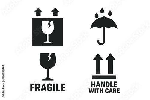 Fragile package icons set. Handle with care, keep dry, this side up logistics and delivery shipping labels. Cargo warning vector signs for packaging. Vector illustration.