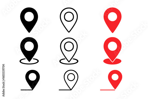 Map location pin icon set. GPS navigation pointer marker collection. Vector destination symbol in red and black, solid and outline style. Isolated graphic design elements.