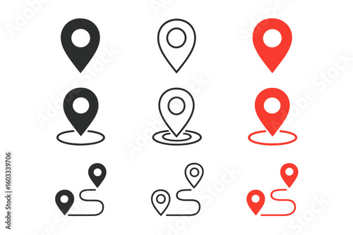 Map location icon set. GPS navigation pin collection. Position marker symbol for destination or route. Red and black pointer signs for direction, travel, and geotagging.