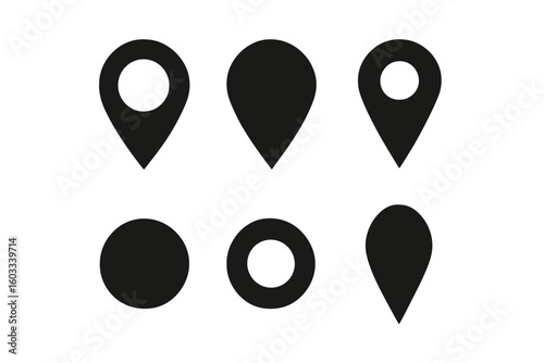 Map location icon set. GPS pin and marker for destination point. Navigation pointer symbol for address or place. Position geotag silhouette shape. Vector graphic collection.
