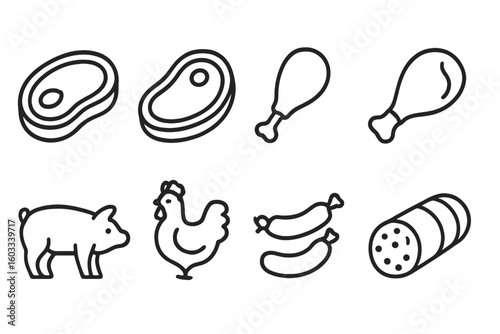 Meat products line icon set. Food outline icons. Beef steak, pork, chicken leg, sausage, salami. Butchery concept. Farm animals. Vector graphic for grocery, menu, app.
