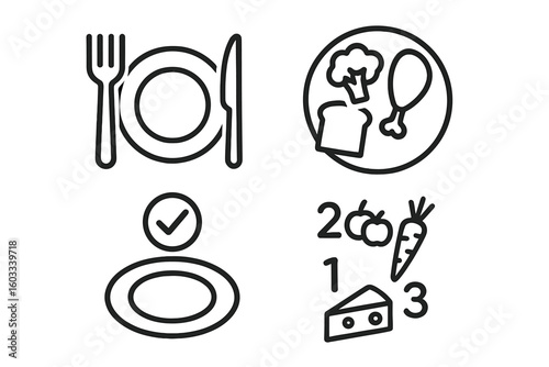 Vector food icon set for healthy eating. Plate with fork, balanced meal, portion size, and nutrition guide icons. Diet plan and calorie counting linear symbols.