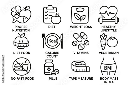 Nutrition line icon set for a healthy lifestyle. Vector concepts of diet, weight loss, food, calorie counting, vitamins, vegetarianism, BMI, fitness, and no fast food pictograms.