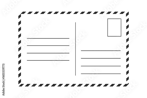 Postcard reverse side template. Blank postal card back for mail and correspondence. Empty retro postcard with address lines, stamp place, and striped border. Vector.