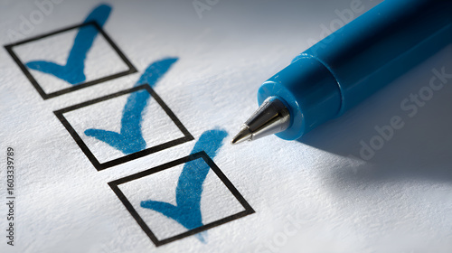 Blue pen checking three checkboxes on white paper