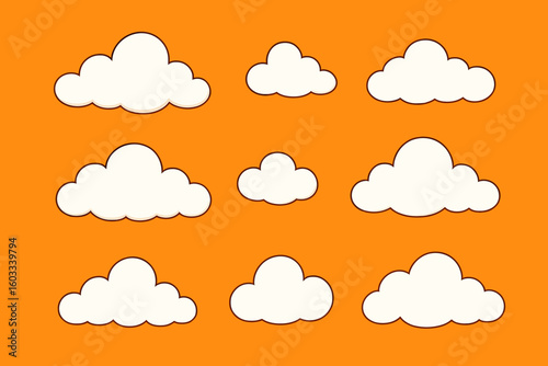 Cartoon Cloud Set on Vibrant Orange Background, White Cumulus Cloud Elements for Kids, Vector Illustration, Cute Weather Design, Isolated Clipart, Blank Space, Outline Icons