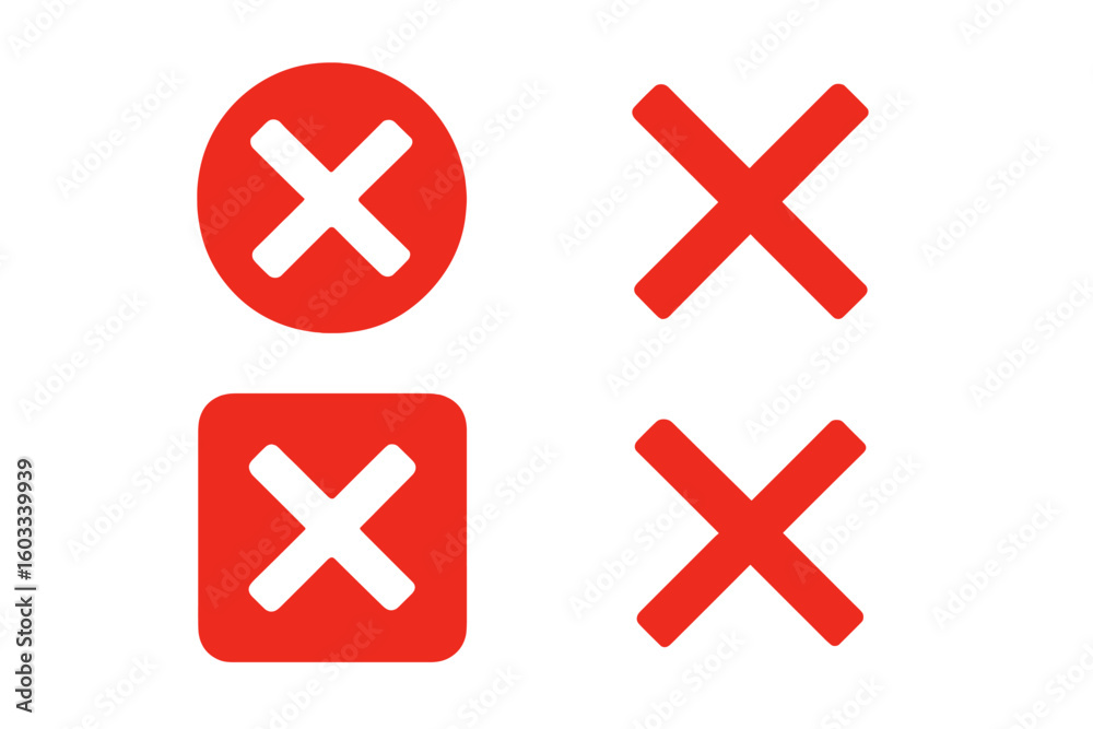 Obraz premium Red Cross Mark Icon Set. Bold Red X Symbol Collection. Circular and Square Error, Cancel, Close, Delete, Alert Button. Flat Vector Template for Interface, UI, App Notification, Warning Message