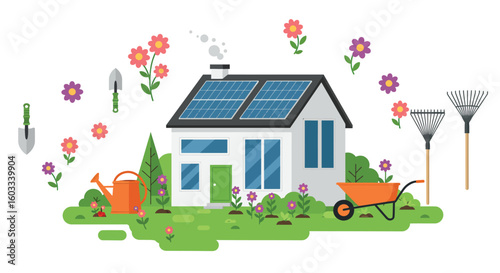 Eco-friendly home with solar panels and garden tools in a lush backyard scene