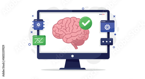Digital brain interface on monitor with neural and technological elements