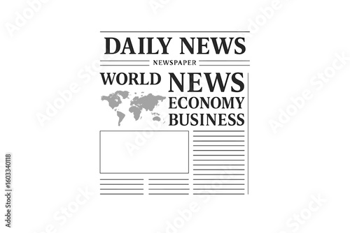 Newspaper mockup vector template. Front page layout design for daily news, world news, economy, business. Editable journal for press, media, publication with world map graphic.
