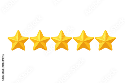 Golden five star rating icon, 3D shiny metallic stars symbolizing premium quality excellence, product or service review ranking, transparent background isolated vector illustration