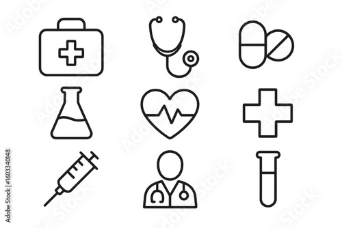 Medical and healthcare line icon set. Vector collection of thin outline symbols for hospital, clinic, and pharmacy. Includes doctor, stethoscope, syringe, heart, and pills.
