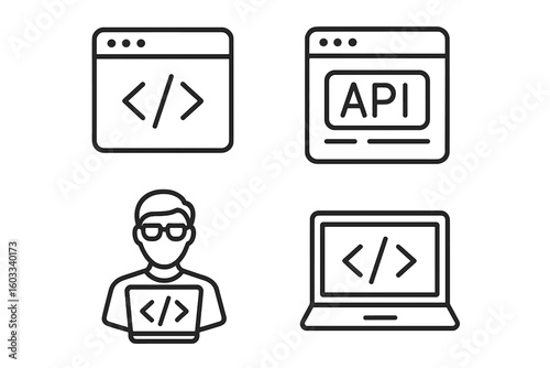 Set of web development and programming line icons. Vector symbols for coder, software developer, and API integration. Simple outline pictograms for website, app, and UI design.