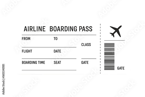 Airline boarding pass ticket blank. Plane ticket template vector illustration. Travel, flight, or journey concept. Airport pass for vacation or business trip design element.