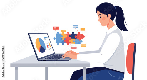 Focused businesswoman analyzing charts and graphs on laptop with puzzle design