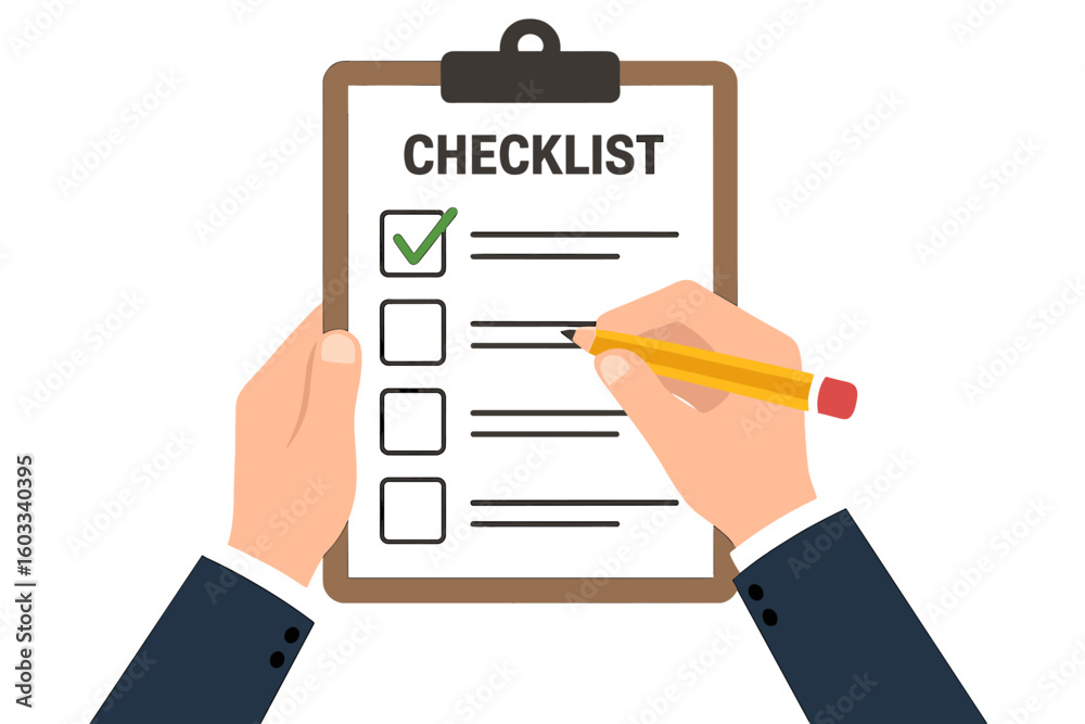 Checklist concept. Man hands holding clipboard with pencil and ticking checkbox. To-do list. Task management. Survey, poll, quiz. Business planning and productivity. Checklist concept. Man hands holding clipboard with pencil and ticking checkbox. To-do list. Task management. Survey, poll, quiz. Business planning and productivity.