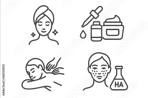 Beauty and spa line icon set. Cosmetics service pictogram collection. Skincare, massage, hyaluronic acid injection, serum. Dermatology procedure and treatment vector symbols.