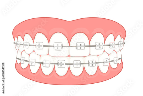 Orthodontic treatment with ceramic braces on teeth. Teeth alignment and bite correction using a brace system. Dental care, stomatology, and orthodontist vector illustration.