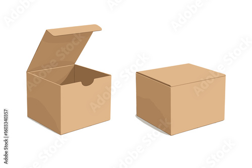 Carton delivery packaging box mockup template. Blank cardboard boxes, open and closed set. Brown paper parcel for shipping, gift or product. Realistic vector illustration.