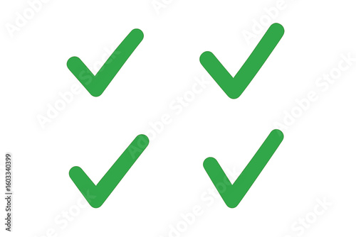 Green check mark vector icon set. Tick symbol for approved, correct choice, and yes vote. Simple flat okay sign for checklist design, success, and agreement concept.