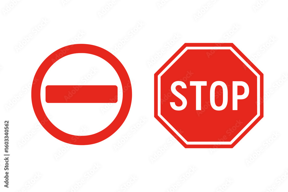 Stop sign and no entry traffic sign vector icon set. Road safety warning symbol. Forbidden, danger, and regulation graphic illustration. Isolated for street and transport design.