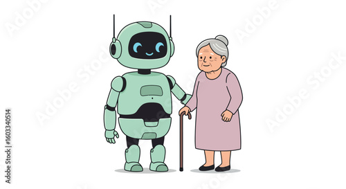 Friendly cartoon robot and elderly woman interaction