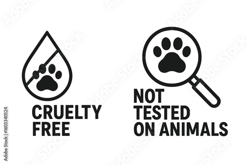 Cruelty free and not tested on animals vector icon set. Product packaging label stamp. Vegan, bio, no animal testing symbol. Paw print in drop and magnifier logo concept.