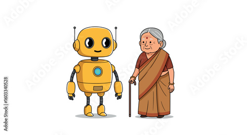 Elderly woman and friendly robot interaction in cartoon style
