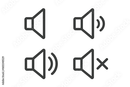 Speaker Volume Icon Set. Loudspeaker Mute, Sound Off, Sound On, Volume Levels. Audio Symbol. Music Notification. Vector Isolated. Modern Line Design, UI UX Elements, Mobile App Volume Control