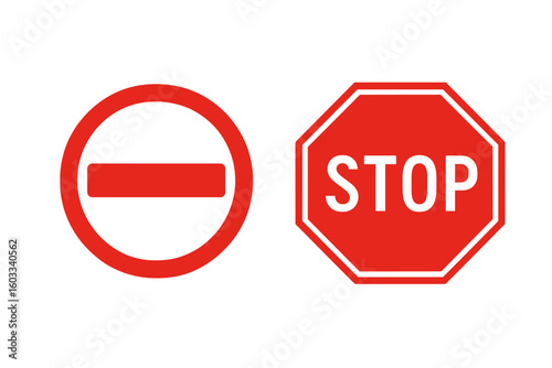 Stop sign and no entry traffic sign vector icon set. Road safety warning symbol. Forbidden, danger, and regulation graphic illustration. Isolated for street and transport design.