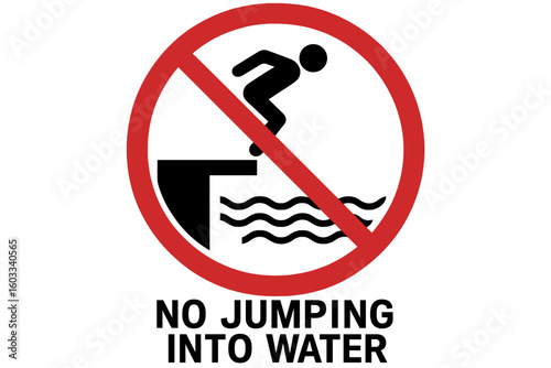 No jumping in water sign. Prohibition symbol, warning icon. No diving safety pictogram for pool, beach, sea, lake. Restricted area hazard alert. Vector isolated illustration.