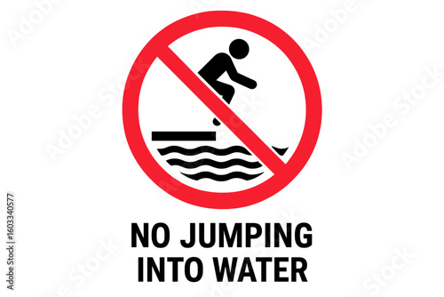 No jumping in water sign. Danger symbol. Warning icon for swimming pool, beach, or lake safety. Forbidden to jump pictogram. Do not dive. Restricted area. Vector illustration.