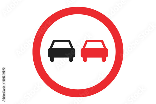 No Overtaking Road Sign Vector, Red Circle on White Background, Traffic Regulation Symbol, Highway Safety, Prohibition Sign, Transport Warning, Isolated, Car Icons, European Standard, Simple Design