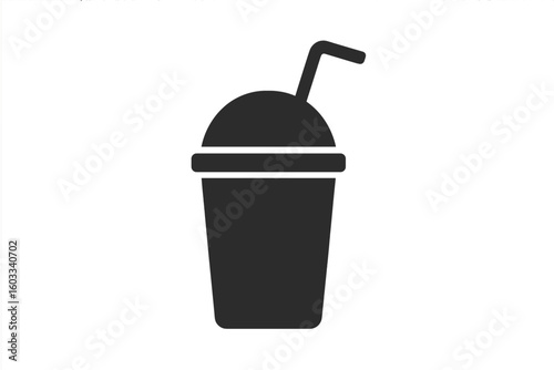 Disposable soda smoothie takeaway beverage cup with straw silhouette icon. Reusable plastic coffee mug pictogram. Fast food cold drink container graphic illustration isolated on white