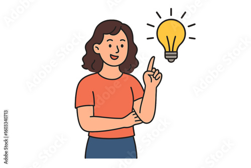 Woman having an idea. Light bulb symbol of creativity and innovation. Female character thinking and finding a solution. Brainstorming, eureka moment, inspiration concept vector.