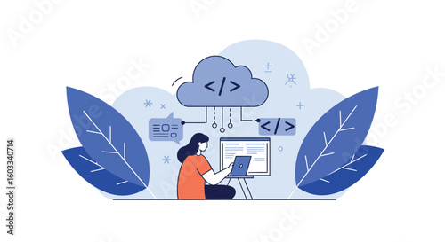 Cloud computing concept with software developer in minimalist style