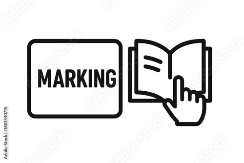 Read instruction book before use symbol. Packaging concept marking for additional information. Refer to manual, user guide icon. Vector element for product label design.