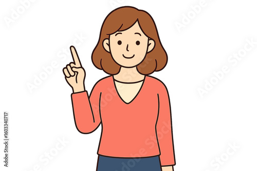 Woman pointing finger up having an idea. Female character explaining, teaching or giving advice. Vector illustration concept of a solution, eureka moment or number one.