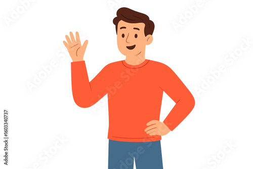 Friendly young man in casual clothes waving his hand. Greeting gesture. Hello or goodbye sign. Happy positive male character smiling. Isolated vector cartoon illustration.