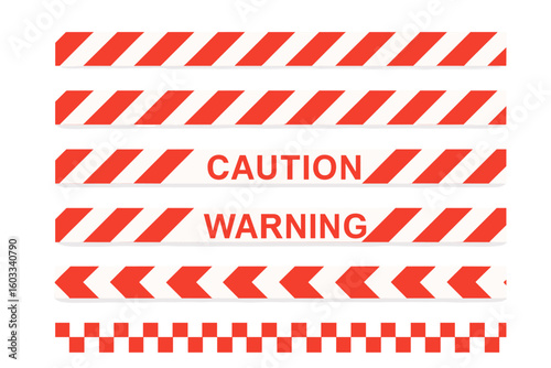 White and red caution warning tape set for industrial safety, road construction hazard area barrier, danger zone protection, safety warning stripes vector illustration