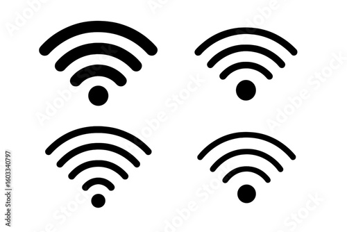 Wifi icon set. Wireless internet connection symbol. Network signal strength indicator. Free public hotspot zone access point. Mobile data technology concept vector logo for web.